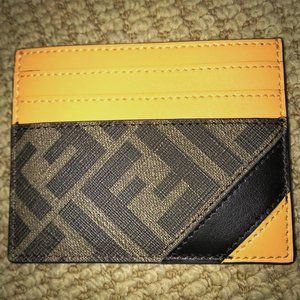 FENDI 'FF Logo w/ Orange Detail' Authentic Men's Canvas/Leather Card Holder NWT!